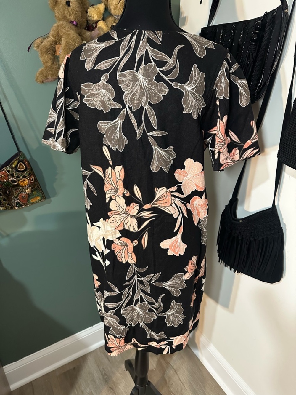 Nicole Miller Linen Blend Floral Dress Black Pink Casual Shift Dress M - Picture 4 of 6